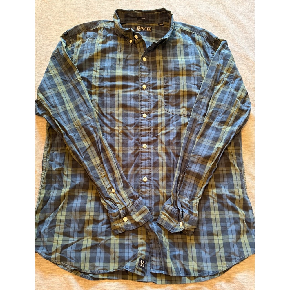 Hawker Rye Mens Slim Fit Plaid Button Down Shirt Green Blue Long Sleeve XL